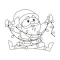 Santa Claus with Christmas lights. Black and white vector illustration for coloring book Royalty Free Stock Photo